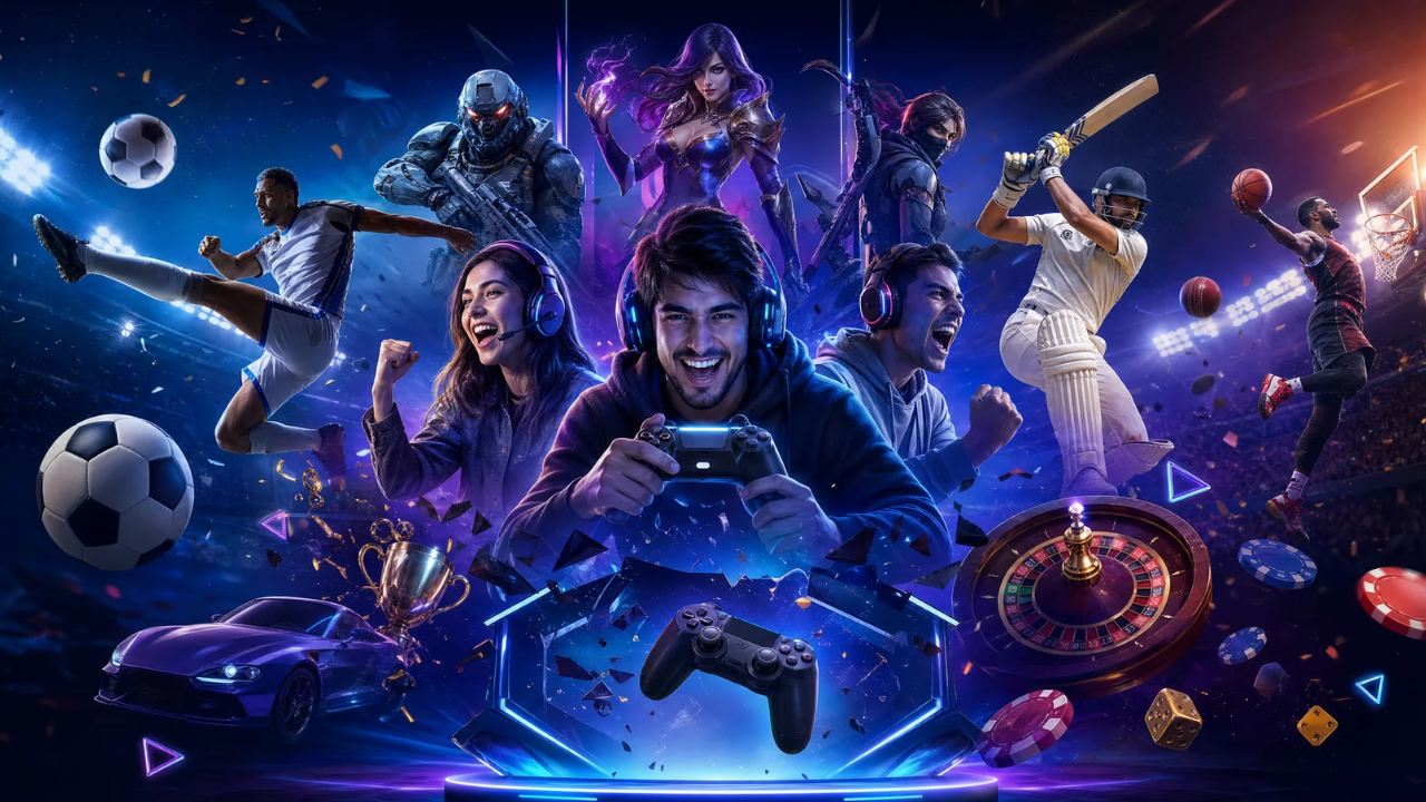 Dark illustrated collage representing casino-style and sports-themed gaming